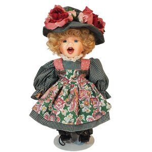 Vintage HGI Porcelain Doll Blonde Curly Hair Blue Eyes Floral Hat w/ Stand. 12"